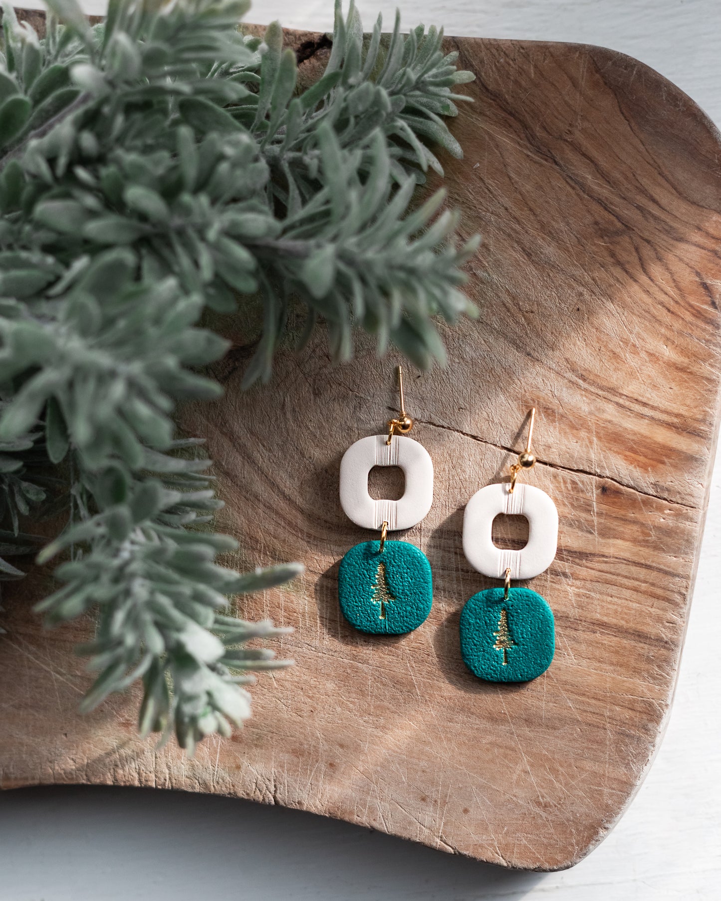 Holiday - White & Green Stamped Tree Dangles